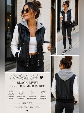 🖤 Black Rivet Hooded Faux Leather Varsity Bomber Jacket XS